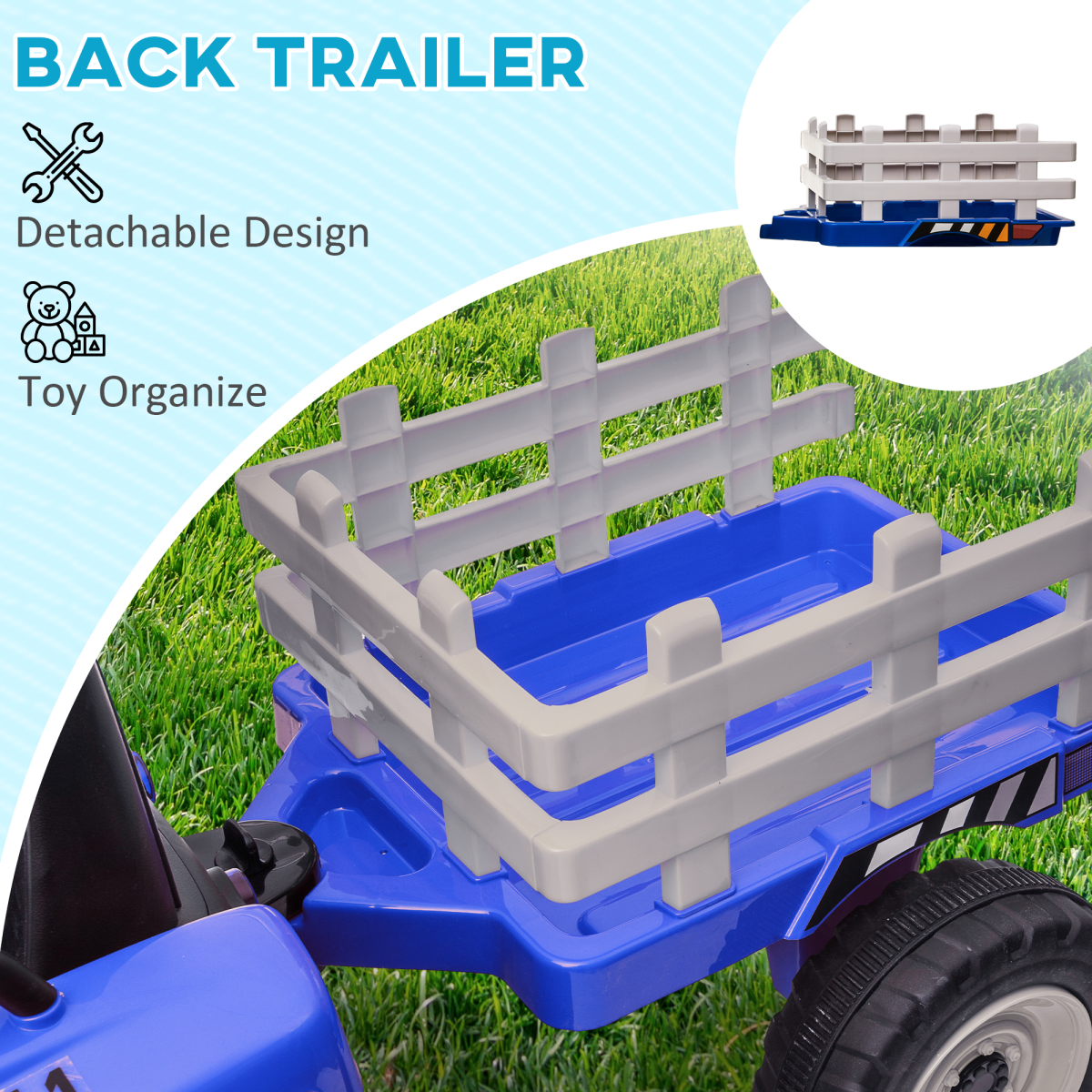 Ride-On Tractor with Remote Control & Detachable Trailer – Blue