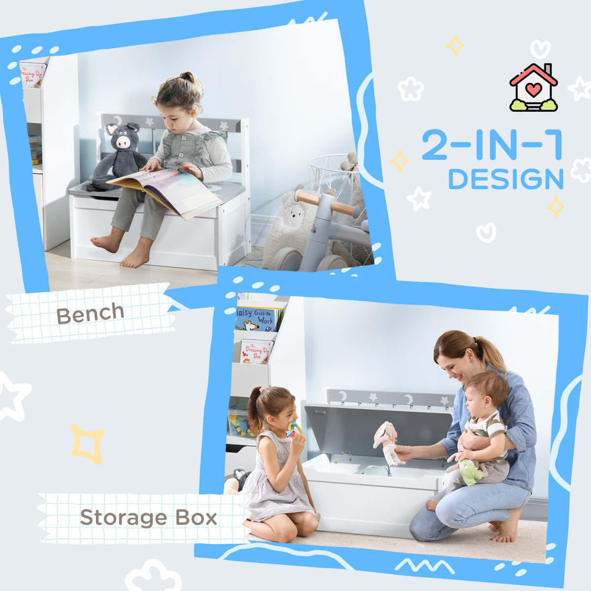2-in-1 Kids Toy Chest with Seat & Backrest – MDF & Pine Wood