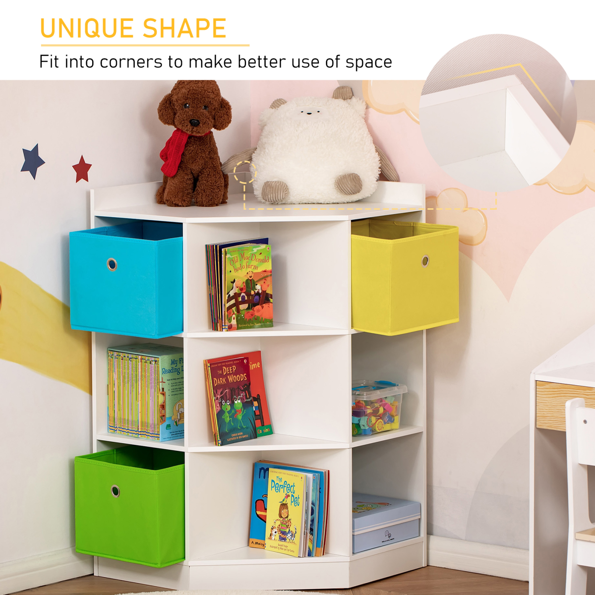 Kids Corner Storage Shelf with Drawers โ White, Blue, Green & Yellow. HOMCOM