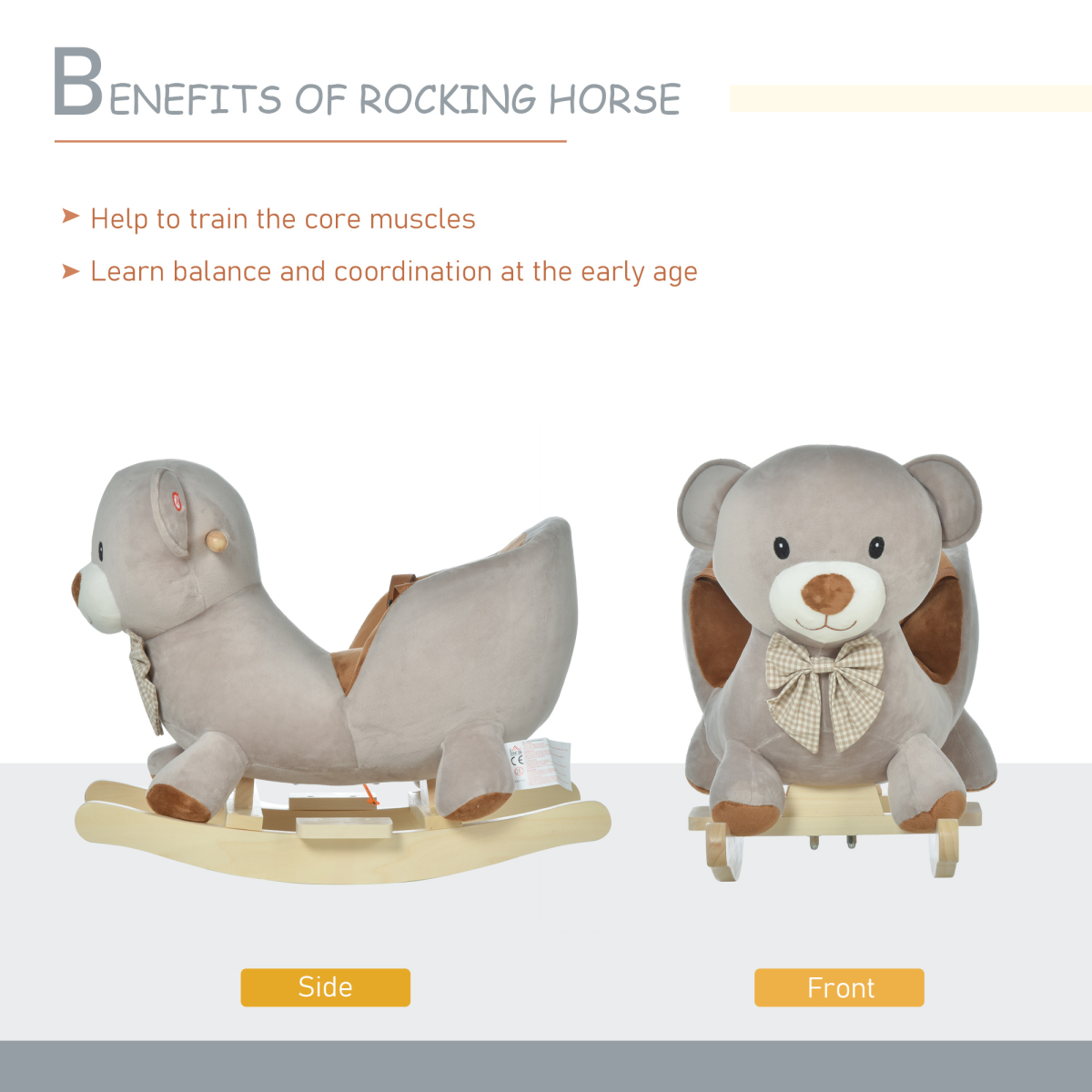 Kids Rocking Bear Plush Ride On Seat Sound Button Wood Base Seat Belt HOMCOM