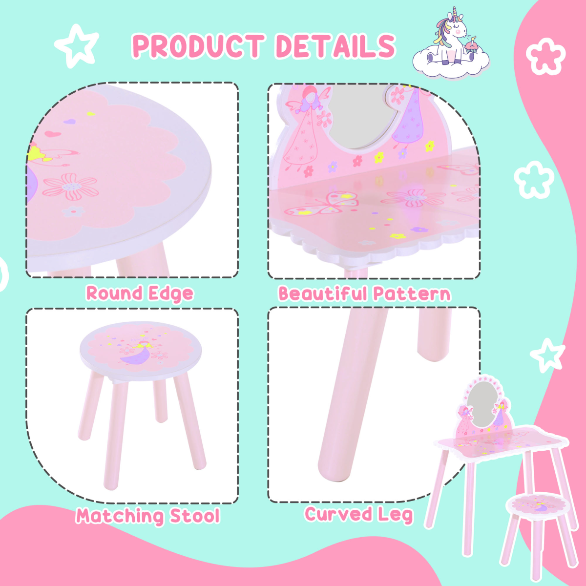 HOMCOM Kids Pink Dressing Table & Chair Set with Mirror