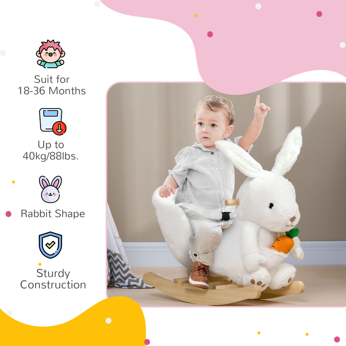 HOMCOM Rabbit Rocking Horse with Sounds, Carrot Toy & Seatbelt β Ages 18β36 Months