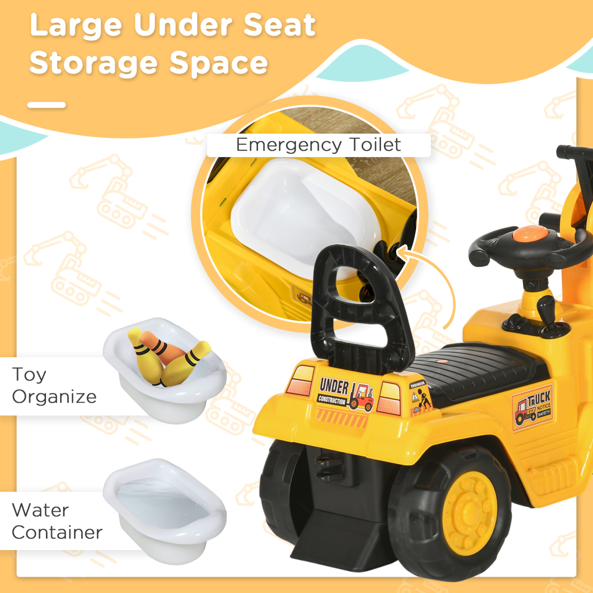 Kids Ride-On Digger with Shovel, Horn & Storage – Yellow (Ages 18–48 Months)