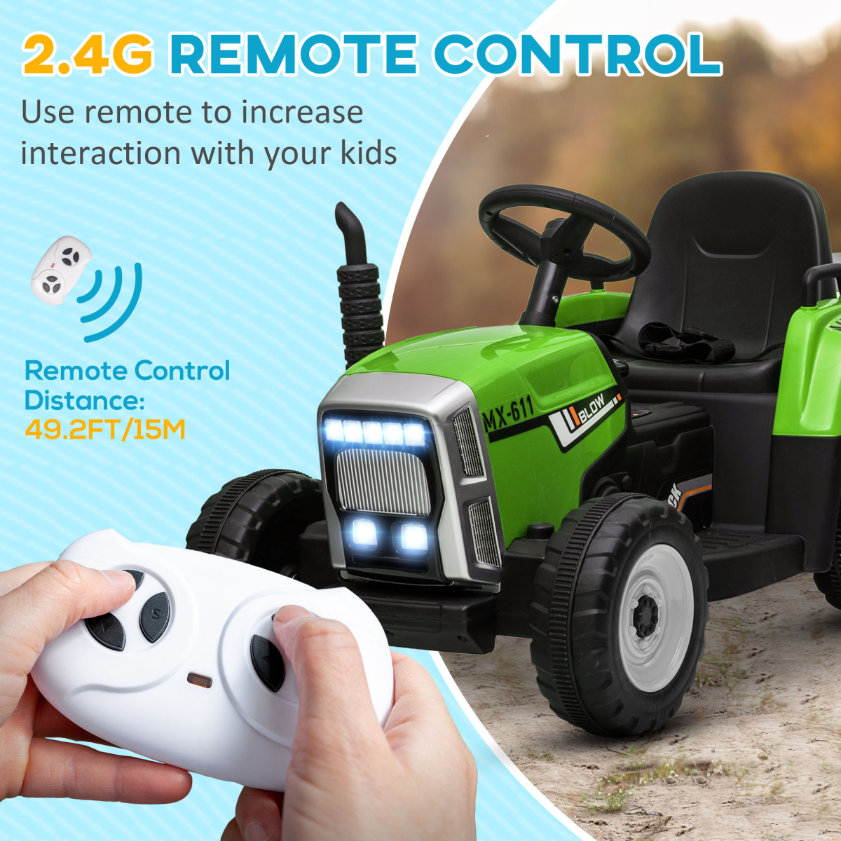 HOMCOM Ride-On Tractor with Remote Control & Detachable Trailer – Green
