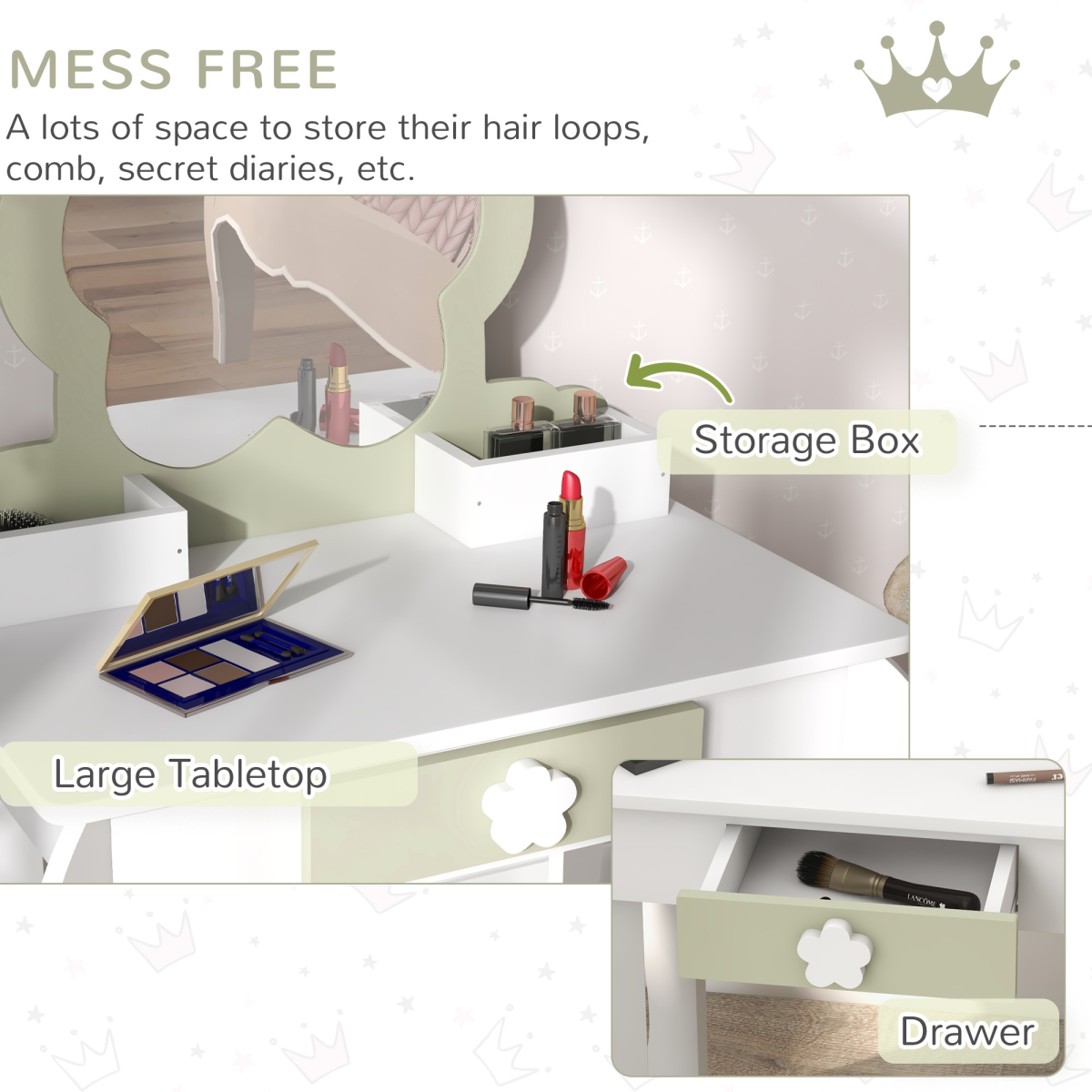 Kids Dressing Table Set with Stool & Mirror – White & Yellow Flower Design