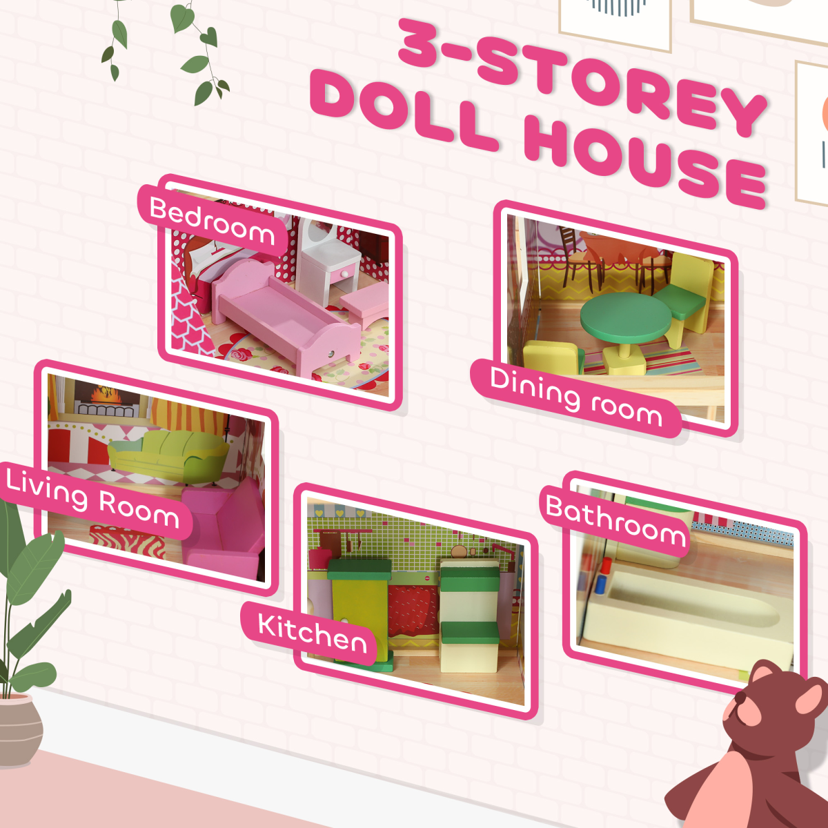 3-Storey Wooden Dollhouse with Furniture & Accessories – Pink