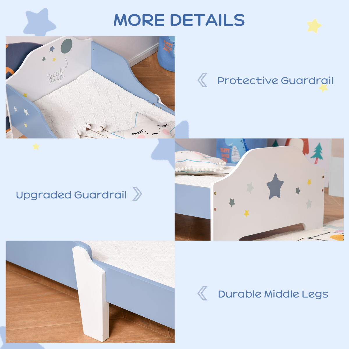 Kids’ Toddler Bed with Stars & Balloon Design – Blue & White