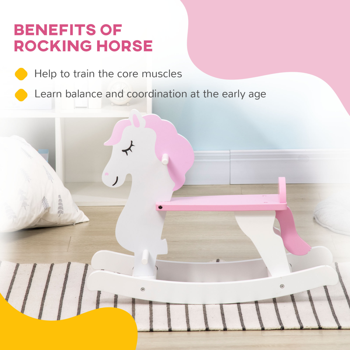 Adorable Pink Kids' Wooden Rocking Horse with Handlebar & Pedals - Safe Fun!