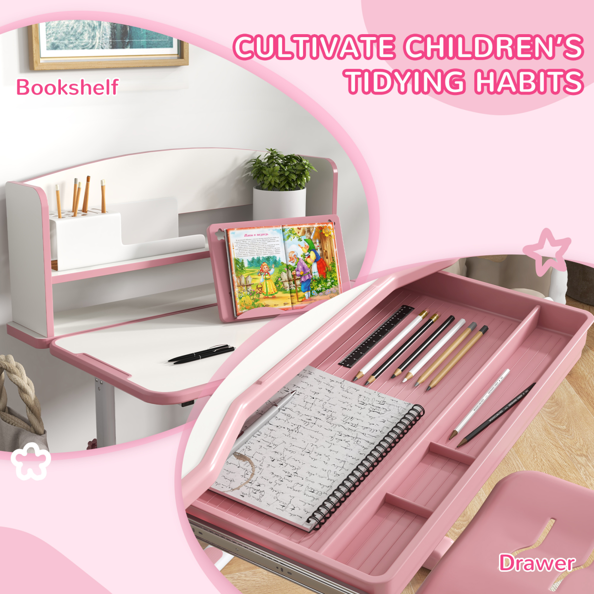 Height Adjustable Kids Desk & Chair Set with Drawer & Bookshelf – Pink (Ages 6–12)