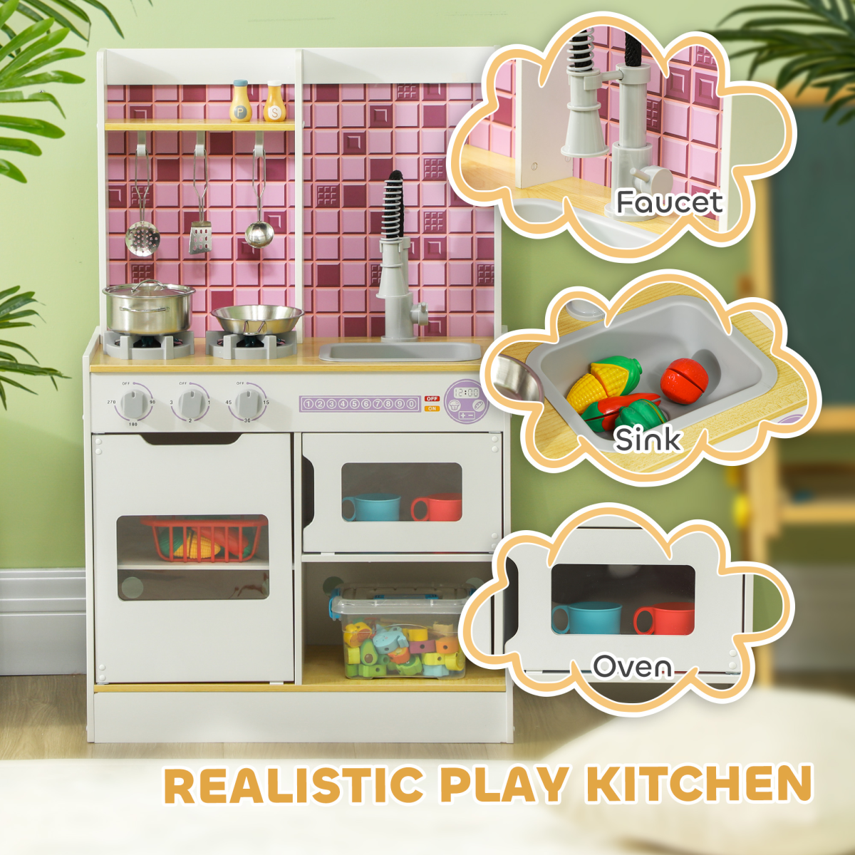 Kids Wooden Kitchen Playset with Lights, Sounds & Accessories ā White.