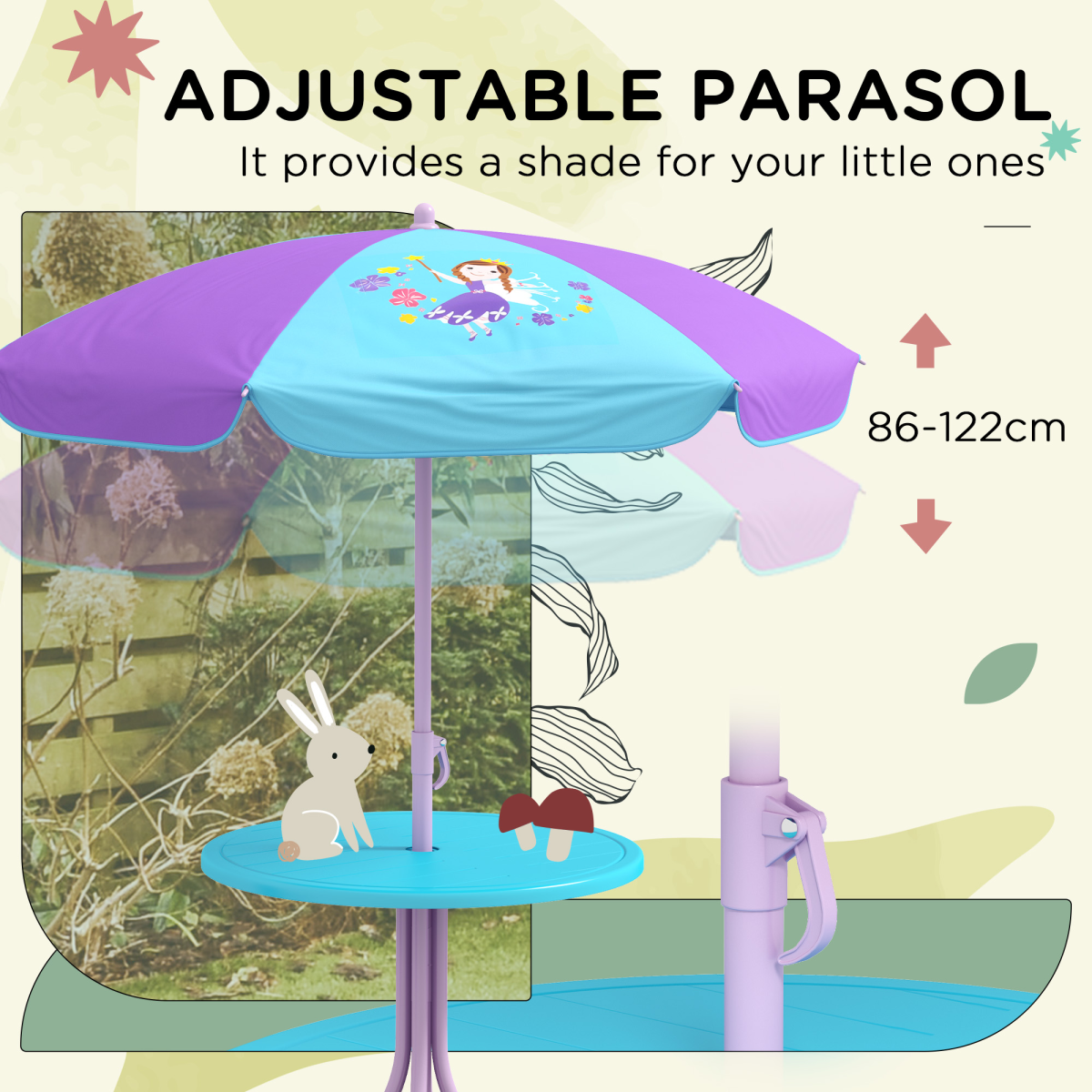 Kids Fairy-Themed Garden Set – 4-Piece Table, Chairs & Adjustable Parasol (Ages 3–6)
