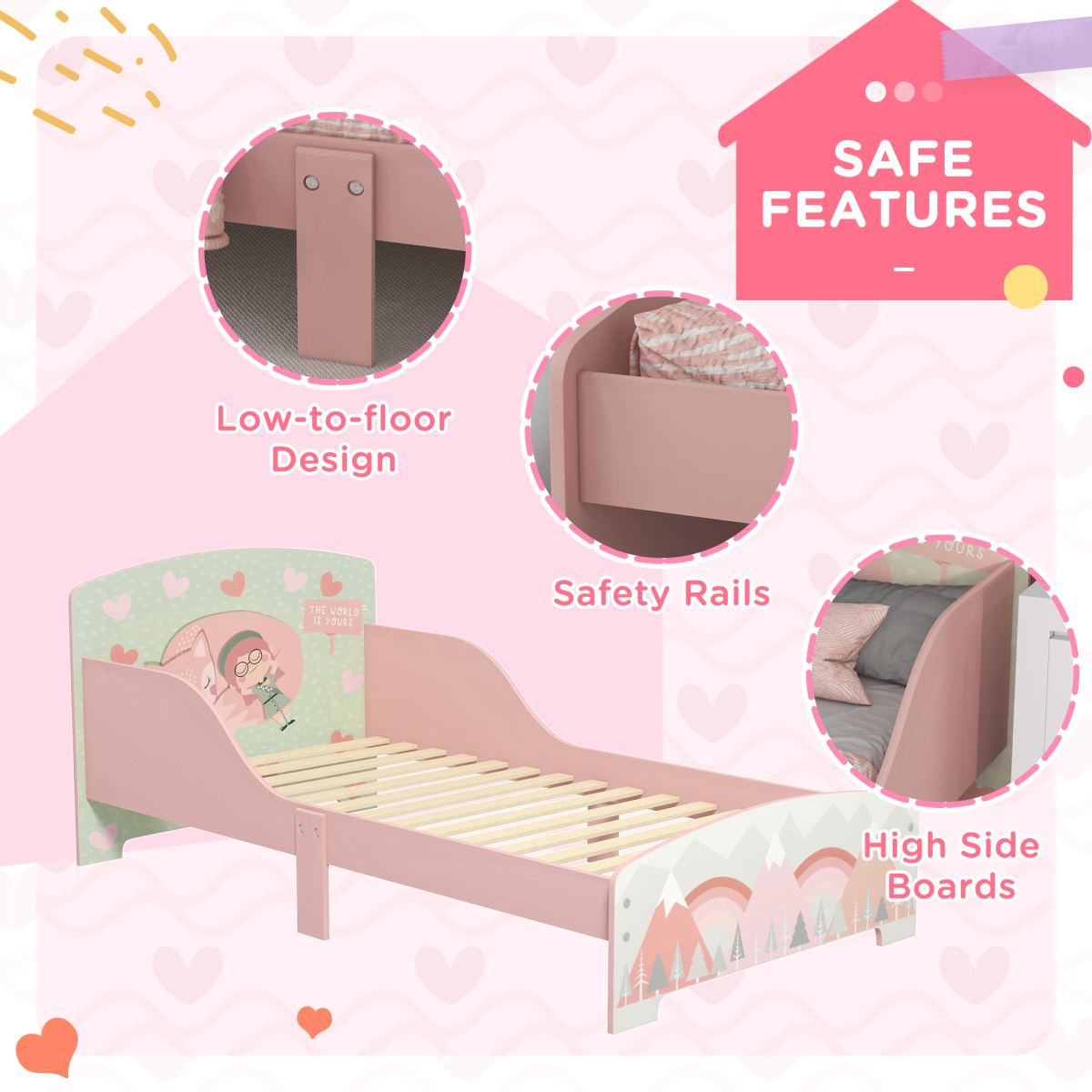 Kids Animal Bed Frame with Side Panels – Pink (Ages 3–6)