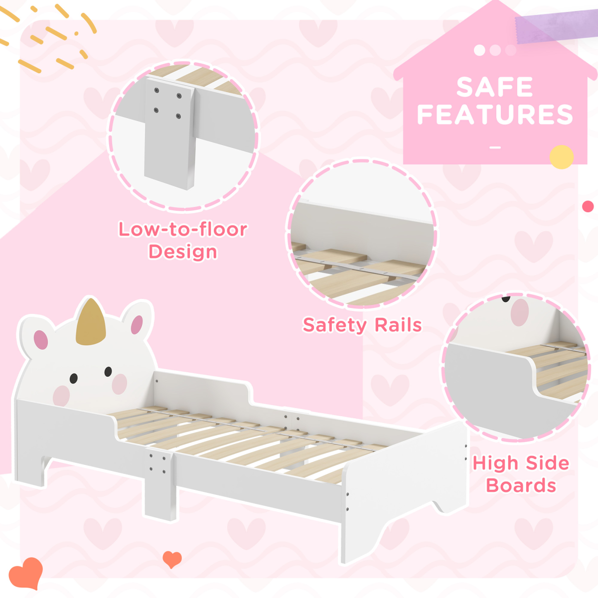 Kids Unicorn Bed Frame with Side Panels – Pink & White (Ages 3–6)