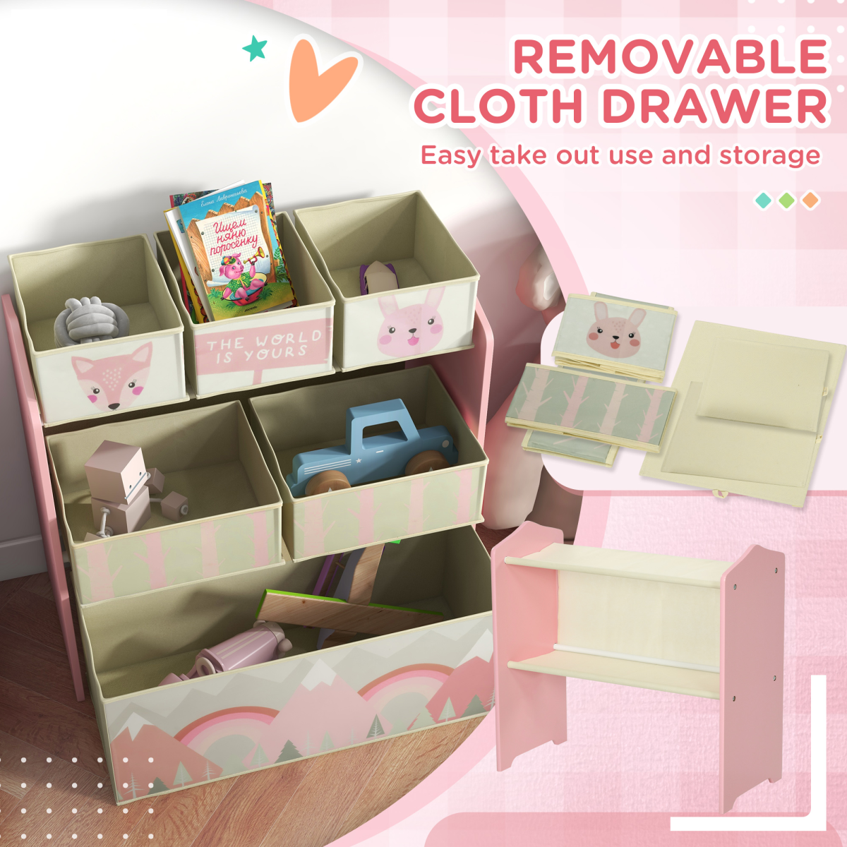 Kids Toy Storage Organiser with 6 Removable Boxes – Pink