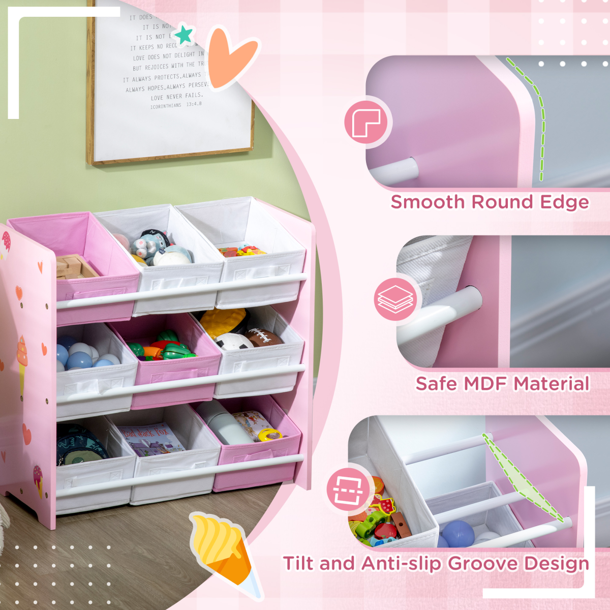 Kids Storage Unit with 9 Removable Baskets – Pink & White