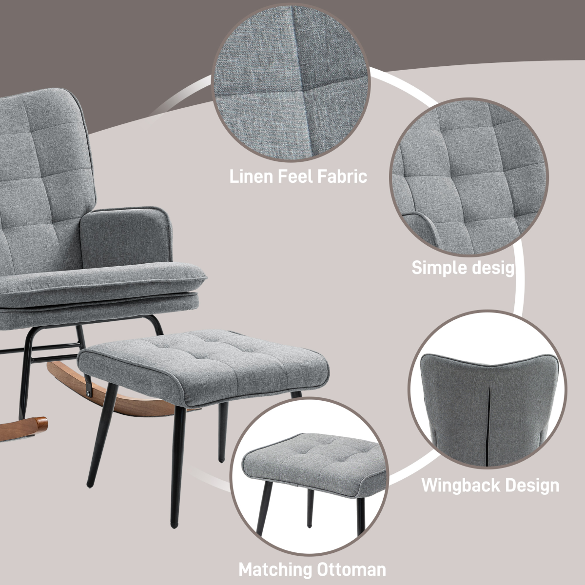Rocking Chair with Footstool Fabric Wingback Chair