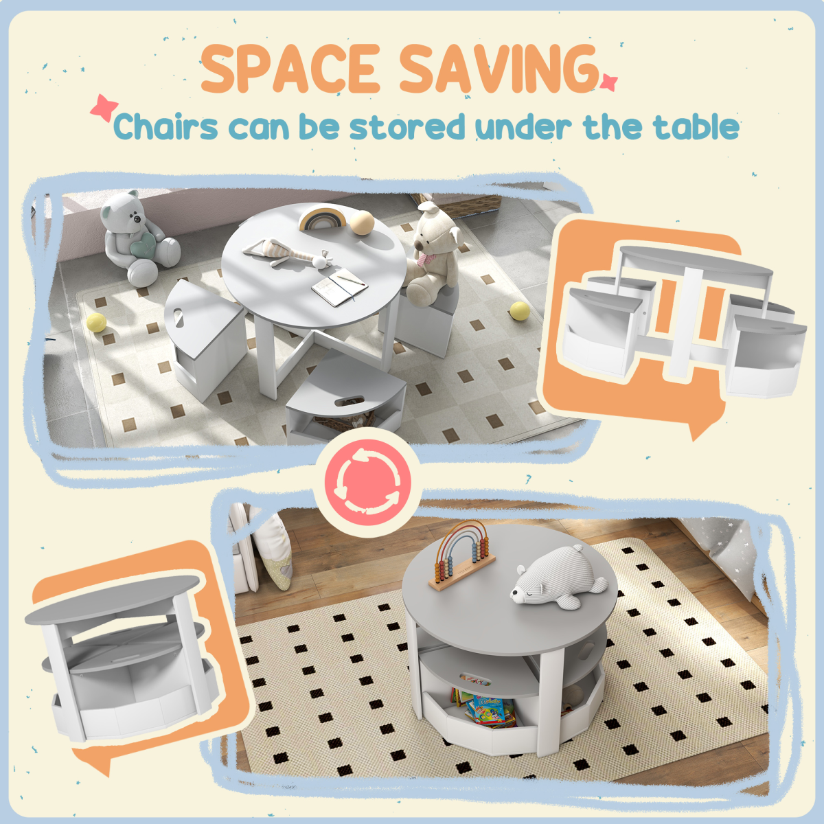 5-Piece Kids Table and Chair Set with Hidden Storage β Grey & White