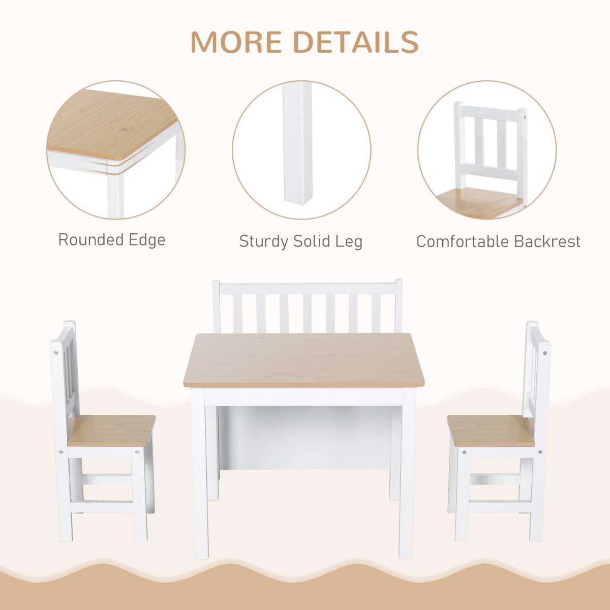 4-Piece Set Kids Wood Table Chair Bench Storage Function for 3 Years+ HOMCOM