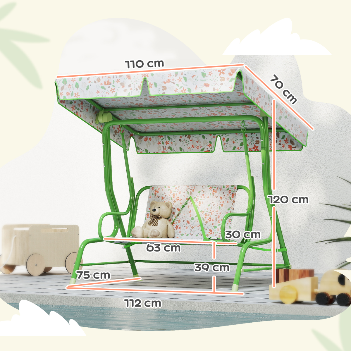 Kids Fox Pattern Swing Seat with Adjustable Canopy for Outdoor Fun