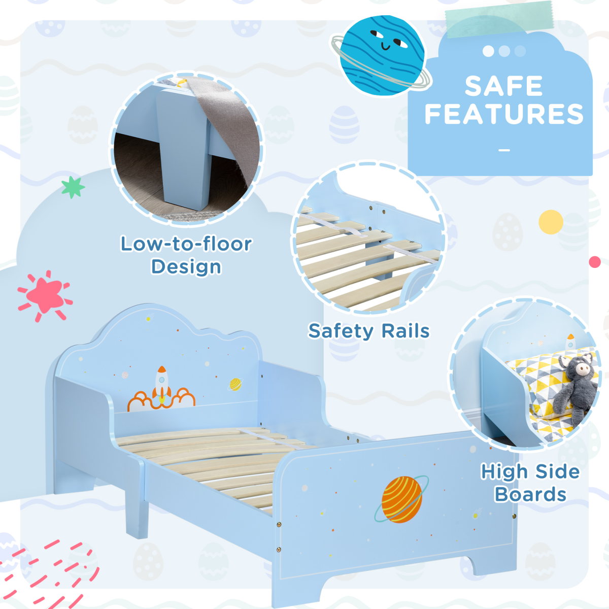 Toddler Bed with Space-Themed Design – Blue (Ages 3–6)