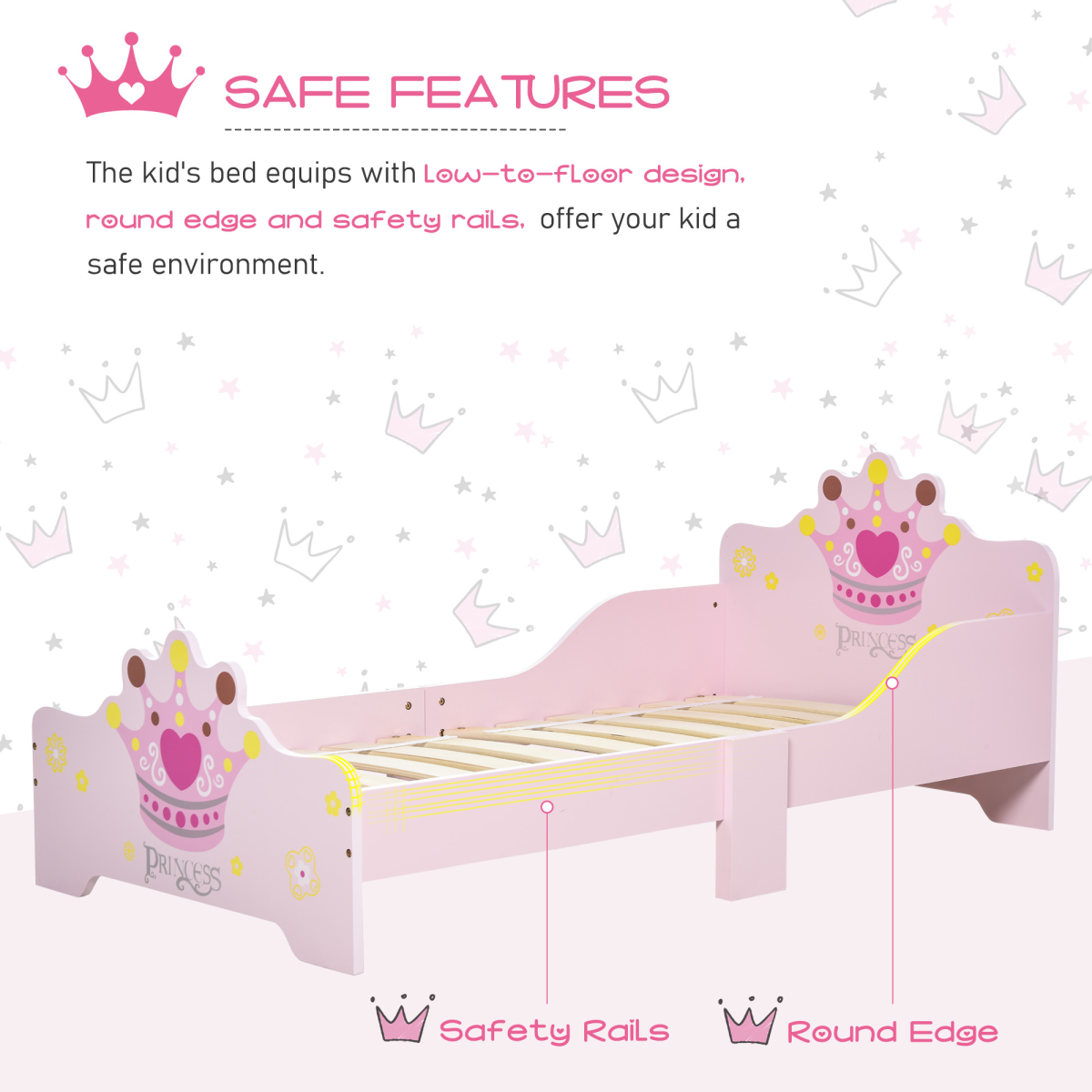 Kids’ Princess Toddler Bed with Side Rails – Pink