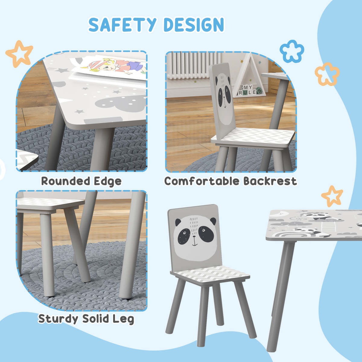 Kids 3-Piece Table & Chair Set – Grey (Desk + 2 Chairs)