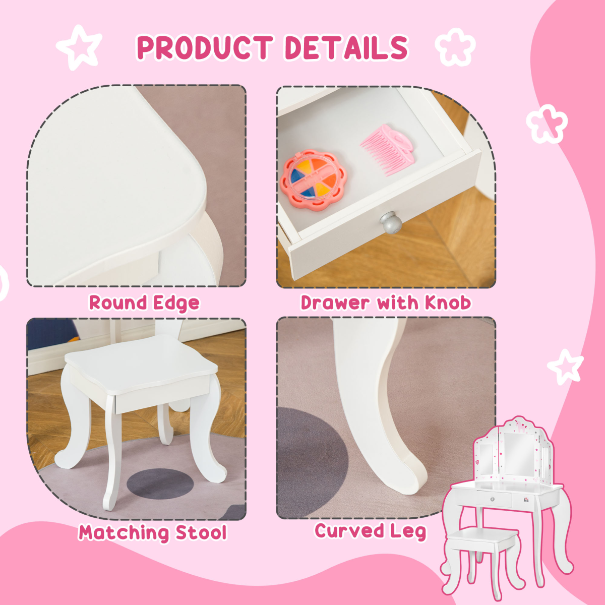 HOMCOM Kids Vanity Table & Stool Set with Rotatable Mirror β White & Pink