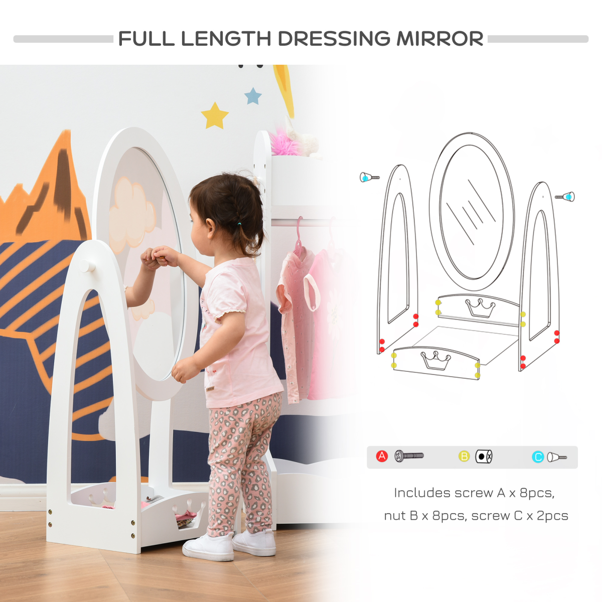 Kids Full-Length Dressing Mirror with Crown Design & Storage Shelf – White