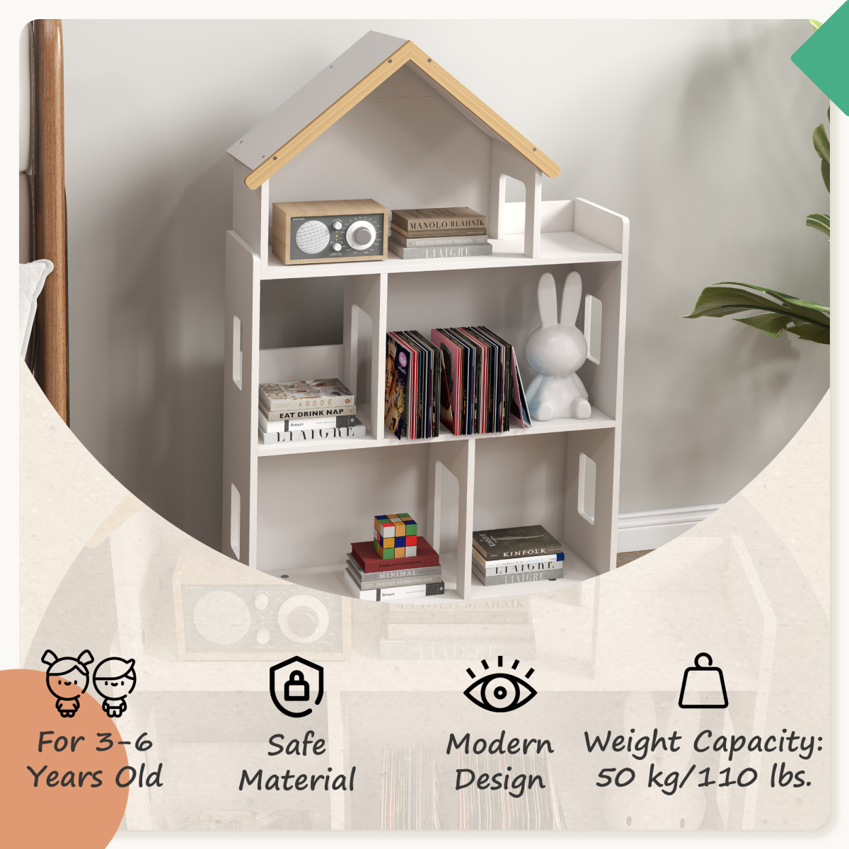 Kids 3-Tier Storage Shelf with Wooden Feet – White (Ages 3–6)