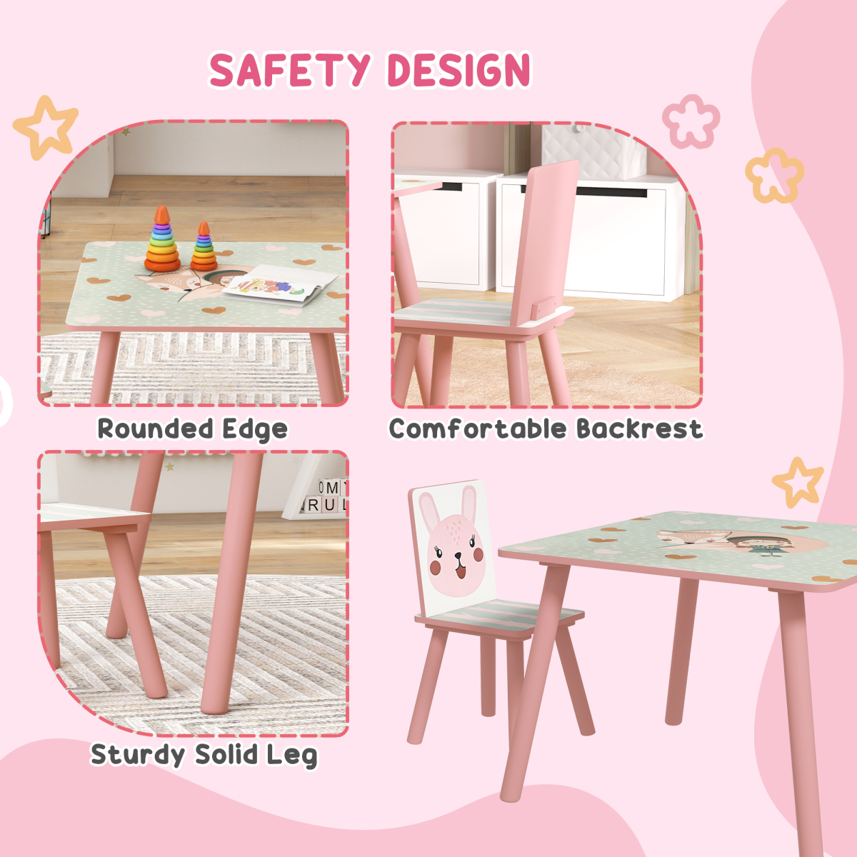 Kids Table & Chairs Set – 3-Piece Desk with 2 Chairs, Pink (Ages 3–8)