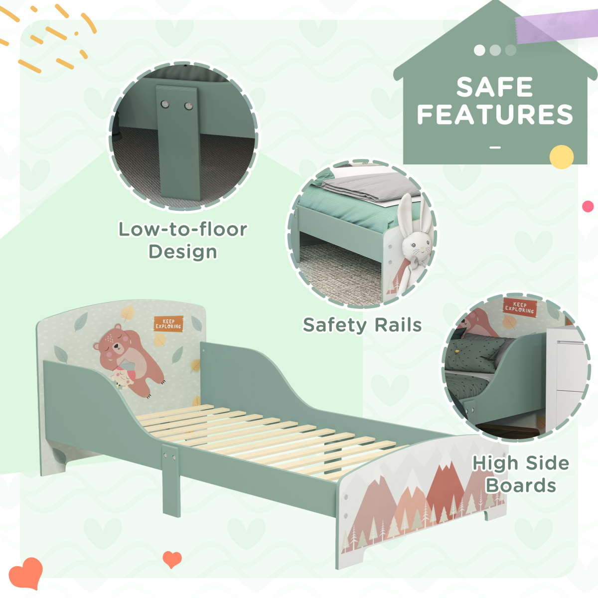 Kids Animal Bed Frame with Side Panels – Green (Ages 3–6)