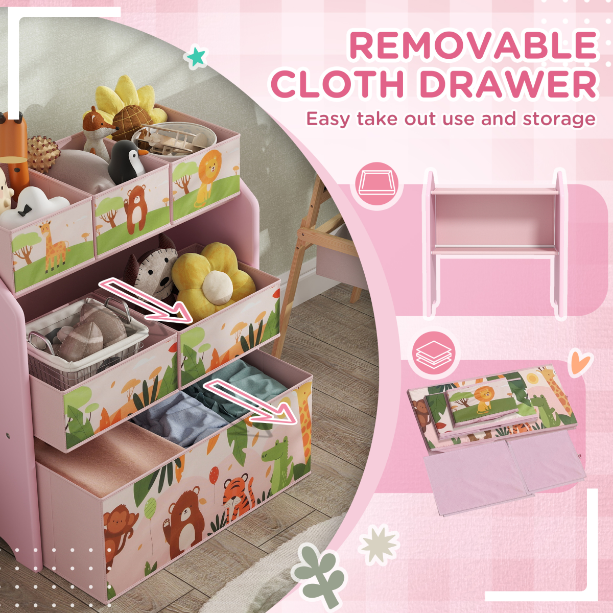 Kids 3-Tier Storage Unit with 6 Removable Boxes – Pink Cartoon Design