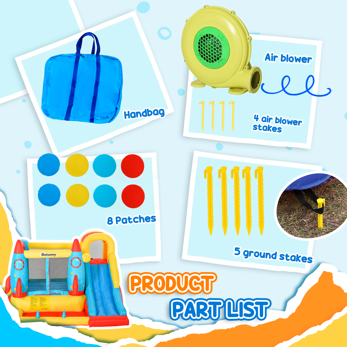 Bouncy Castle with Slide Pool Rocket Trampoline w/ Carrybag Blower