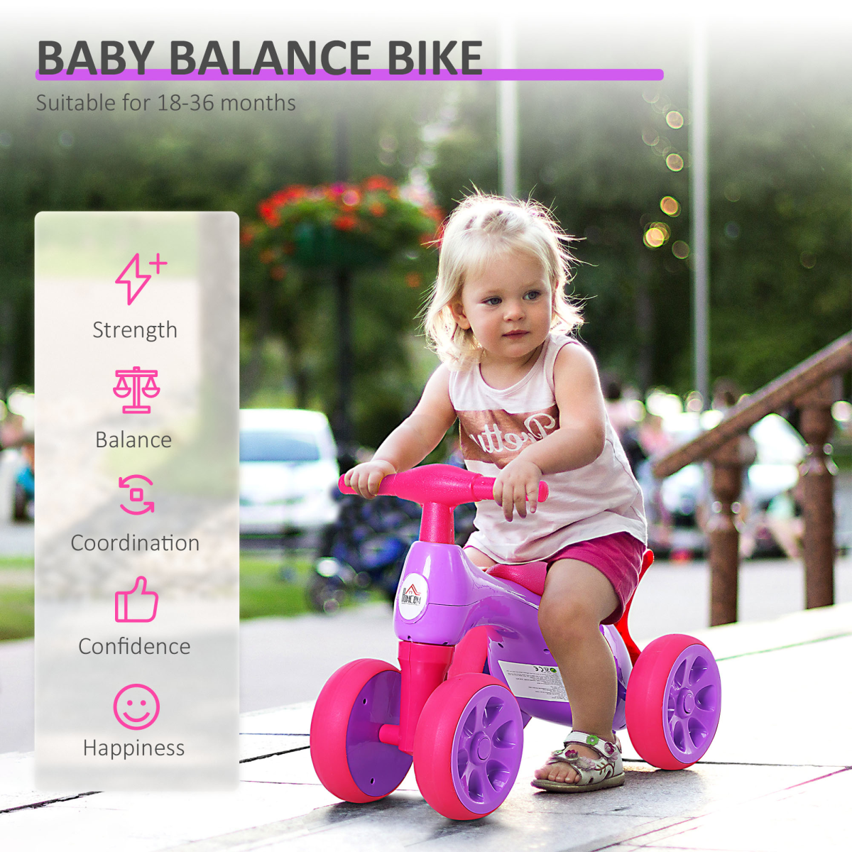 Baby Balance Bike with 4 Wheels & Toy Storage Bin – Violet