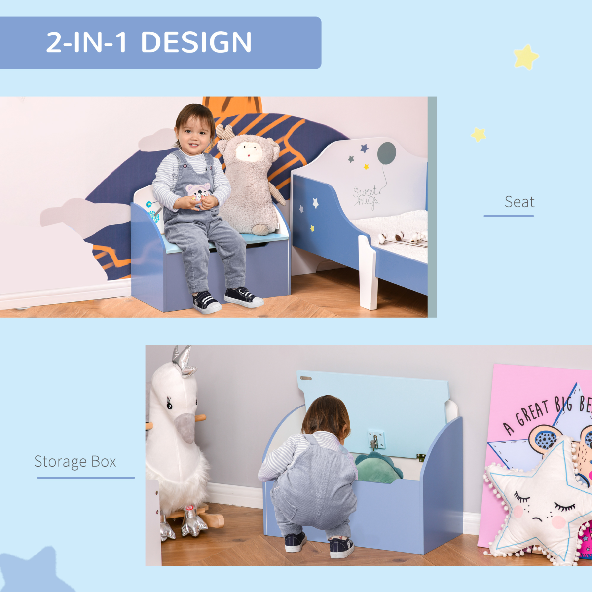 Kids Toy Chest with Backrest β Colourful Painted Design & Storage Bench HOMCOM