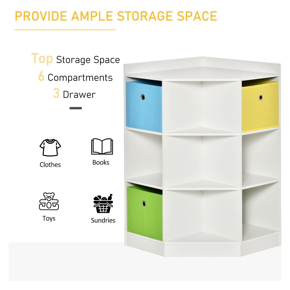 Kids Corner Storage Shelf with Drawers โ White, Blue, Green & Yellow. HOMCOM