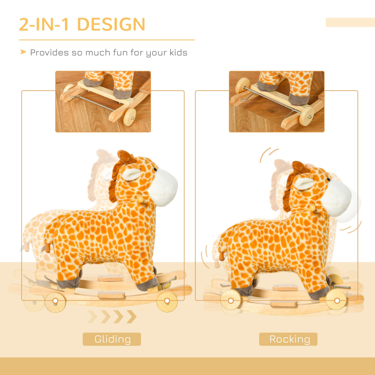 Kids 2-in-1 Giraffe Rocking Horse with Wheels & Sound – Wooden Frame Plush Ride-On Toy