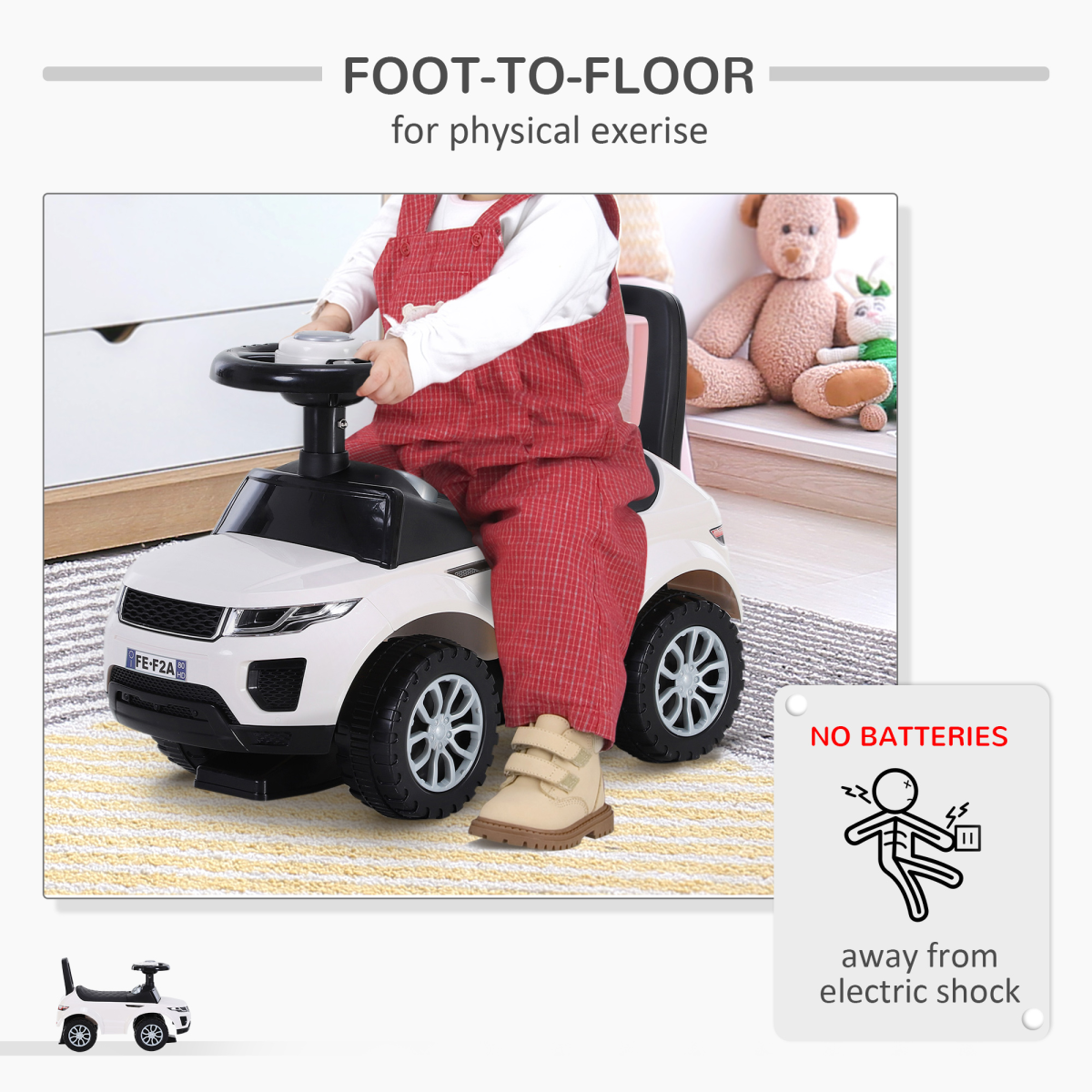 3-in-1 Toddler Ride-On Car with Steering & Horn – White