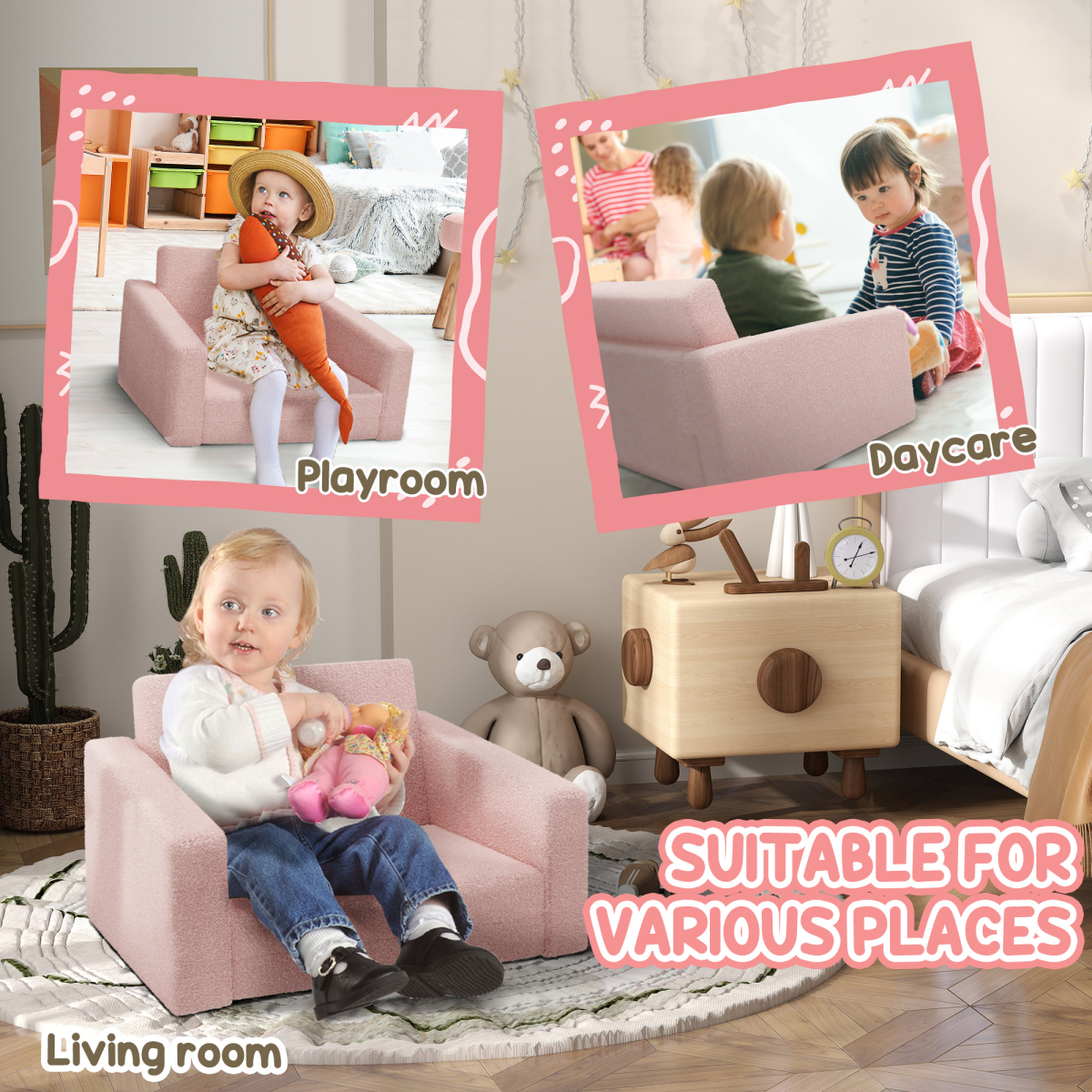 Kids 2-in-1 Sofa Bed – Foldable Toddler Chair & Lounger (Pink, Ages 1.5–3)