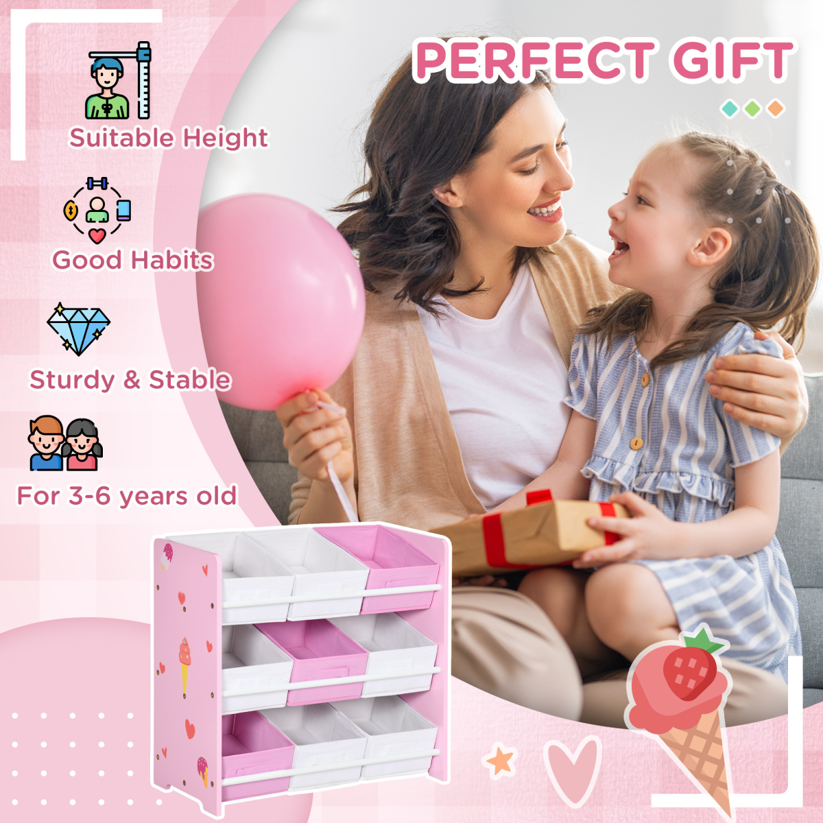 Kids Storage Unit with 9 Removable Baskets – Pink & White