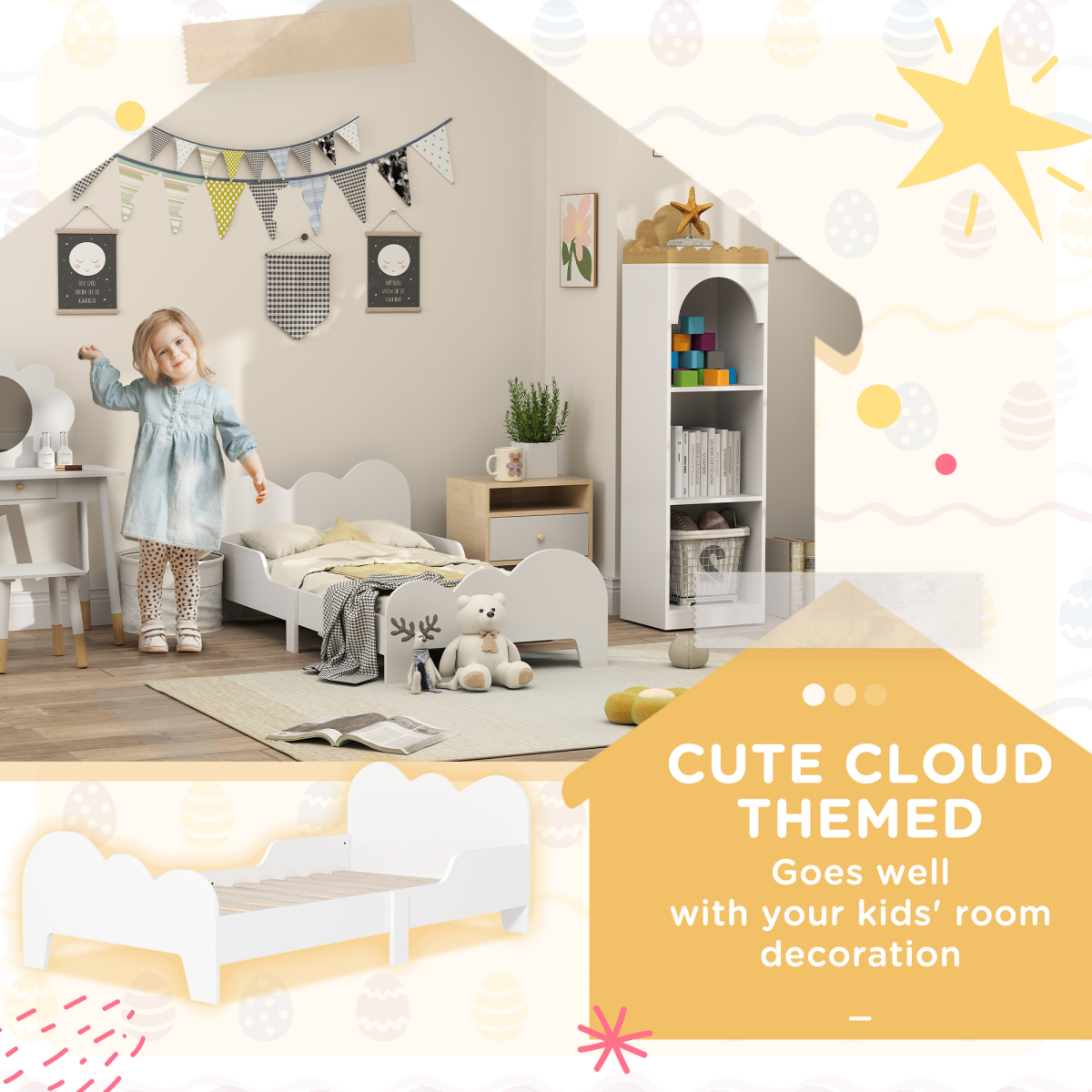 AIYAPLAY Cloud-Themed Toddler Bed frame with Safety Rails, 143.5 x 74.5 x 56cm