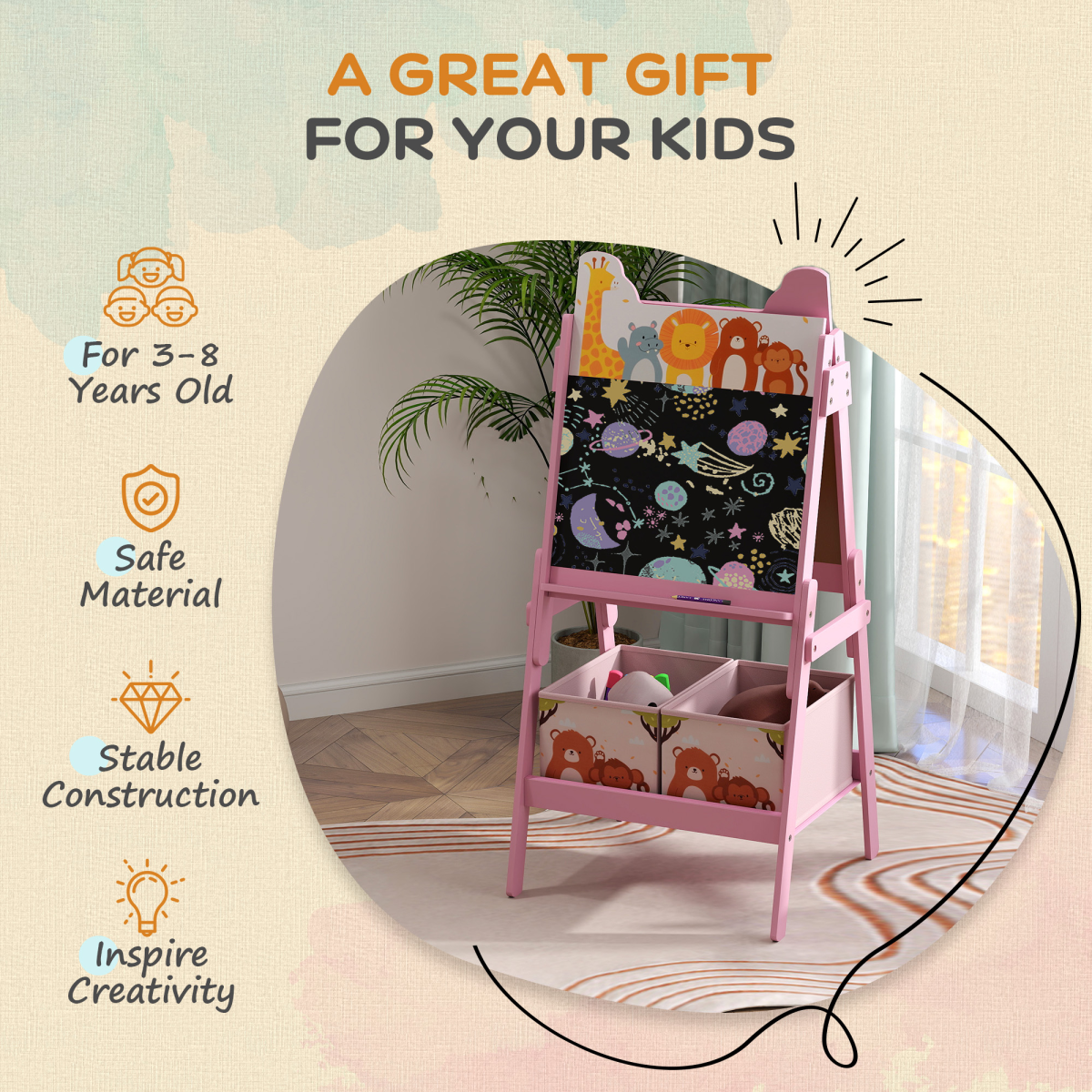 AIYAPLAY 2-in-1 Kids Art Easel โ Pink,Whiteboard, Chalkboard, Storage Boxes