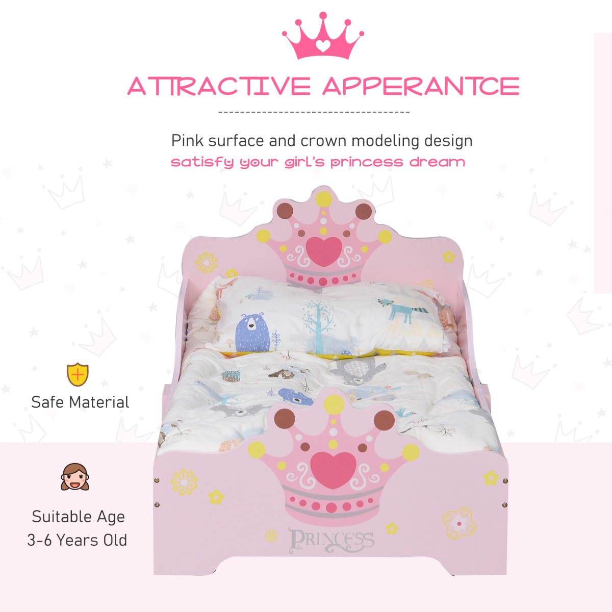 Kids’ Princess Toddler Bed with Side Rails – Pink