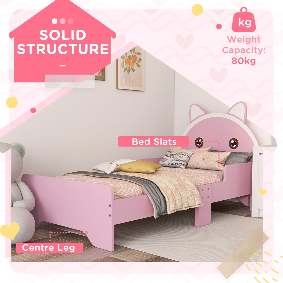 Kids Cat Bed Frame with Guardrails – Pink (Ages 3–6)