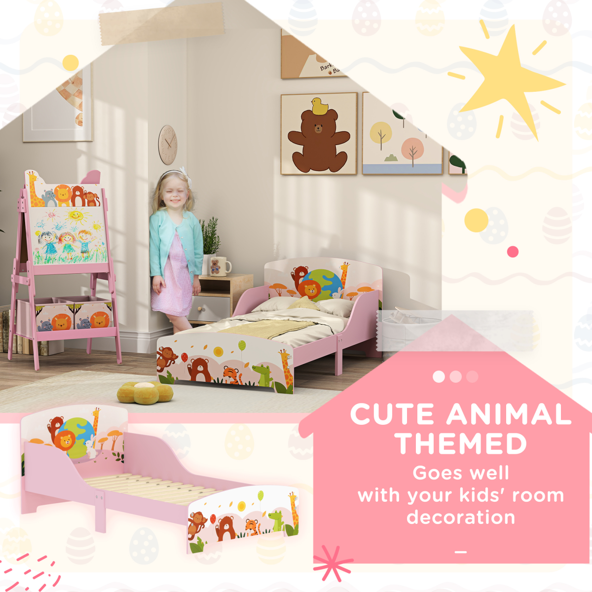 Toddler Bed, Cute Animal-Themed Kids Bed Frame, 143 x 77 x 60cm