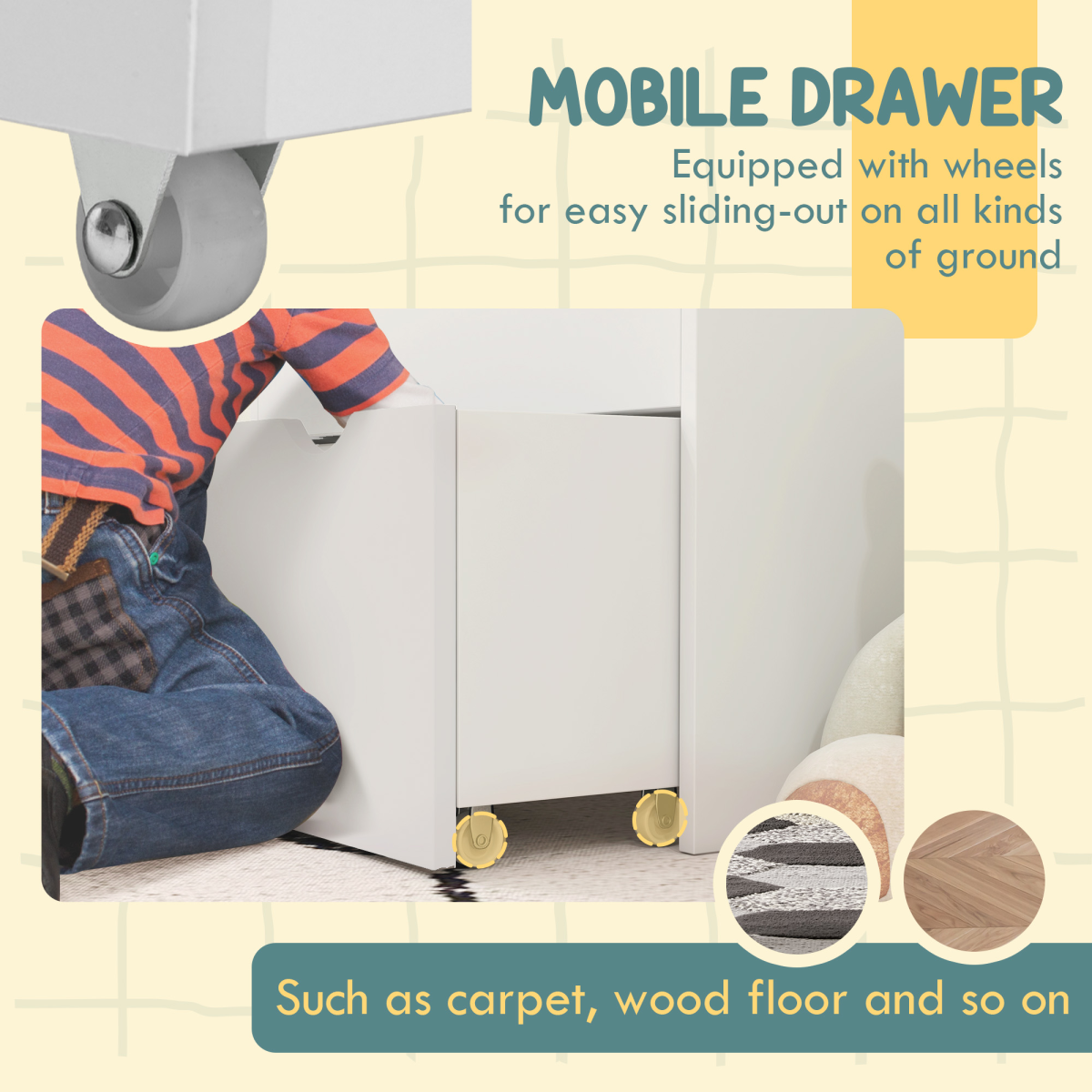 Kids Storage Cabinet with Shelves & Wheeled Drawer – White (Ages 3–8)