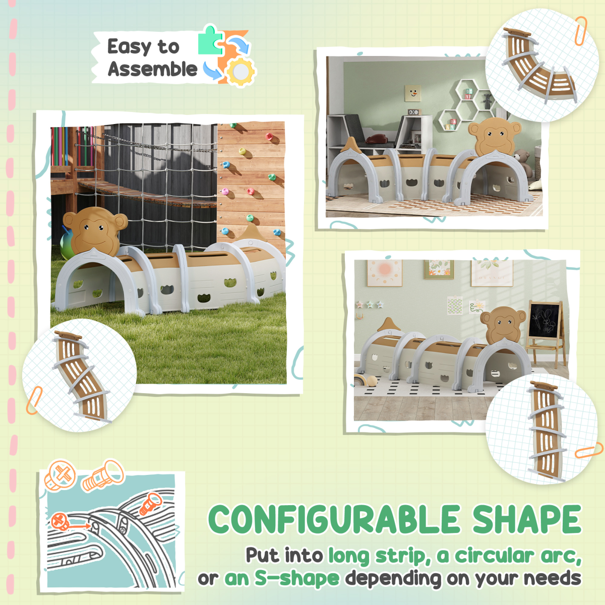 AIYAPLAY Kids Play Tunnel for Crawl and Climb, Monkey Design, Brown