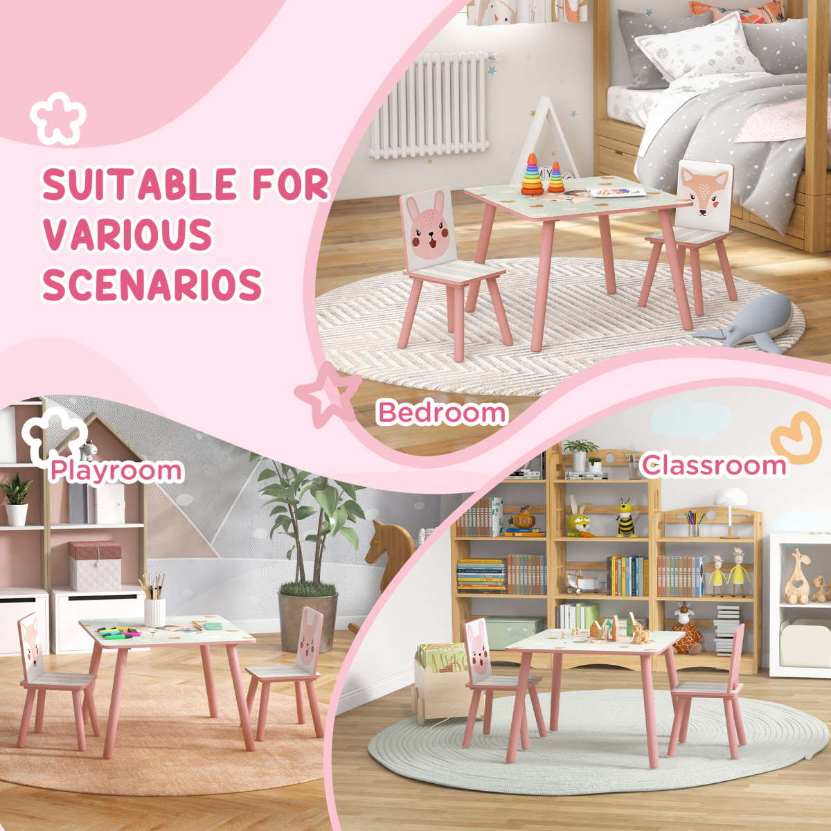 Kids Table & Chairs Set – 3-Piece Desk with 2 Chairs, Pink (Ages 3–8)