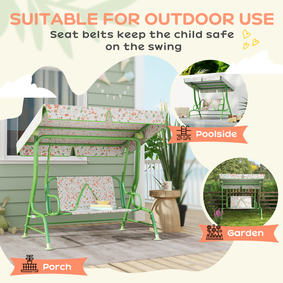 Kids Fox Pattern Swing Seat with Adjustable Canopy for Outdoor Fun
