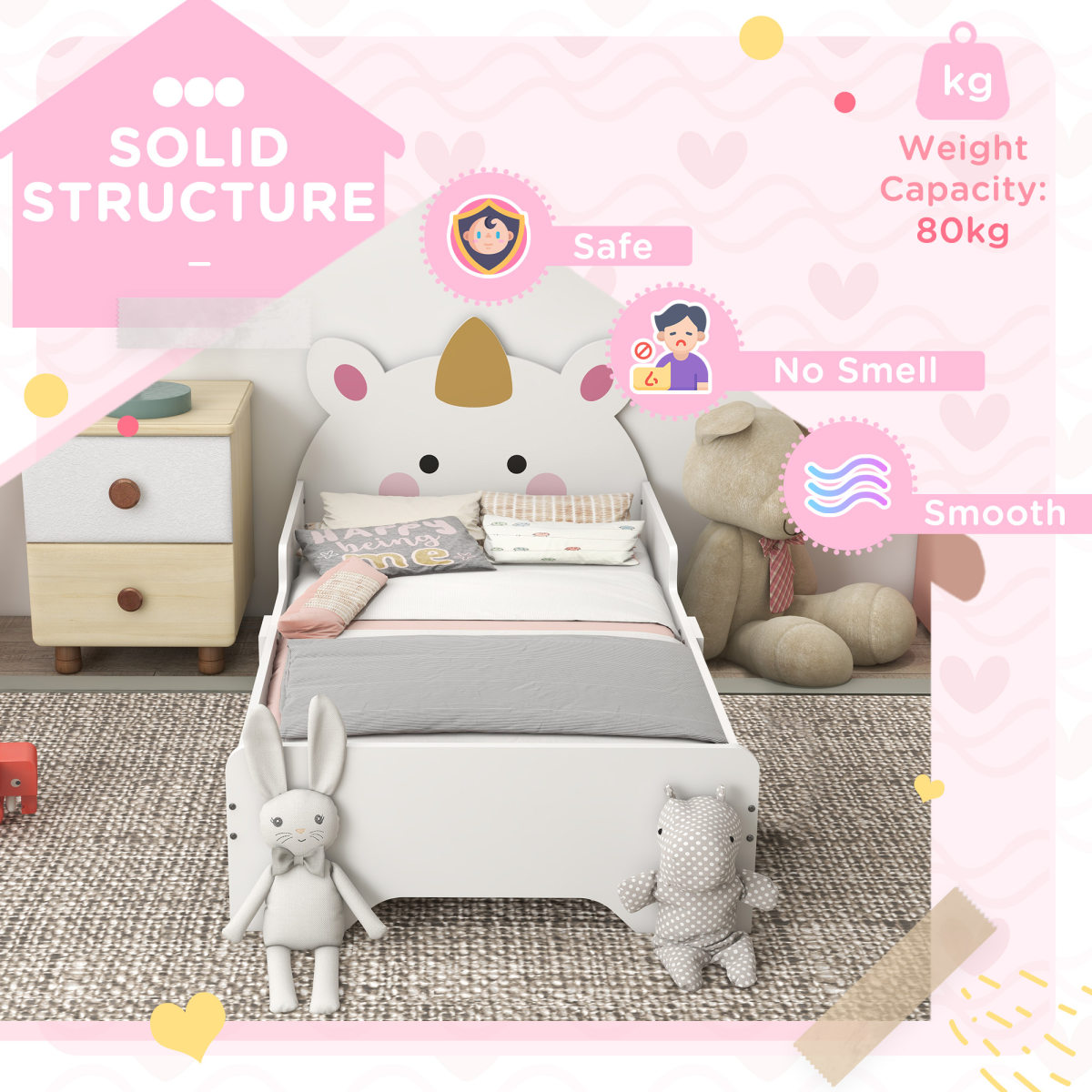 Kids Unicorn Bed Frame with Side Panels – Pink & White (Ages 3–6)